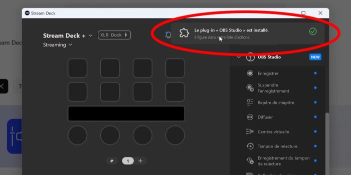 stream deck app confirmation d'installation du plugin obs studio