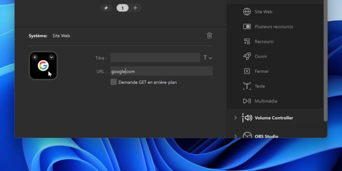 stream deck app exemple des options pour une action
