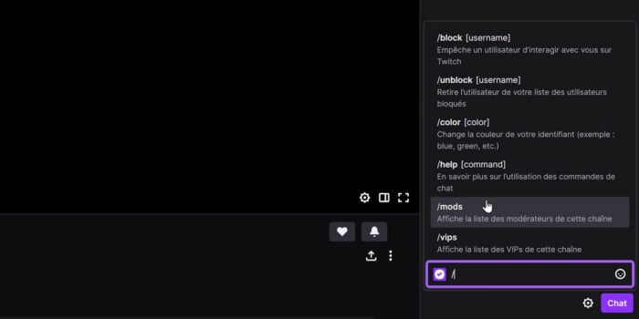 twitch commandes de chat avec barre oblique