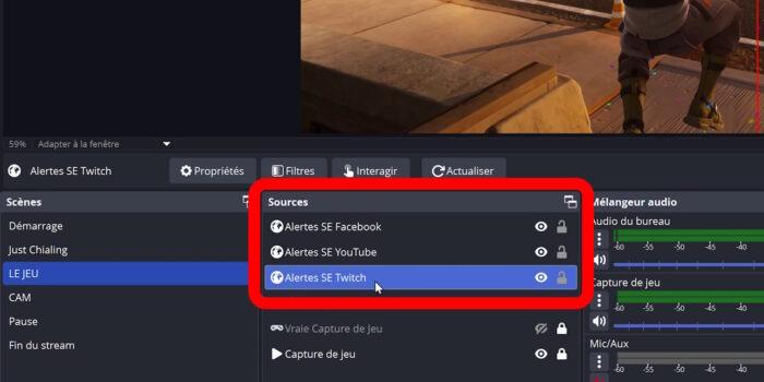 obs studio scène avec trois sources navigateur d'alertes pour trois plateformes différentes