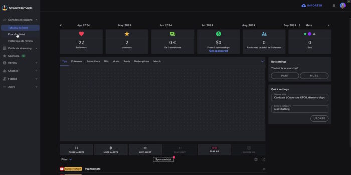 streamelements aperçu du site après connexion