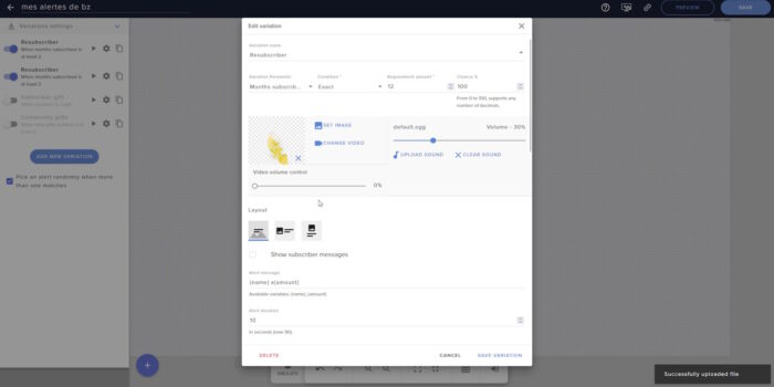streamelements éditeur widget alertbox variation spéciale pour 12 mois de sub