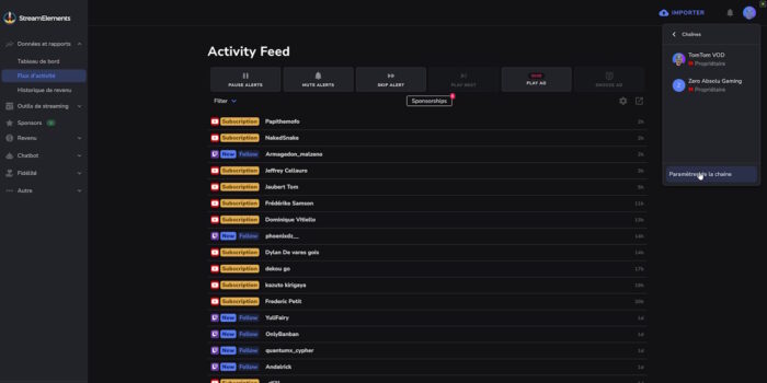 streamelements flux d'activité sur le site