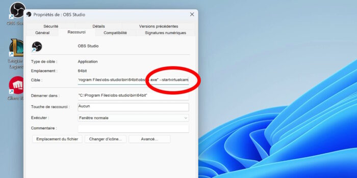 obs studio exemple de paramètre de lancement avec le raccourci bureau