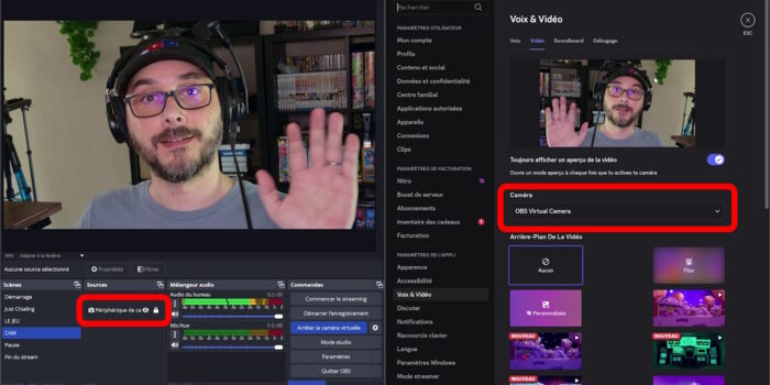 obs studio exemple de partage de la webcam avec la caméra virtuelle