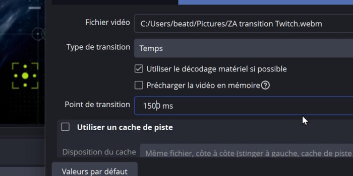 obs studio réglage du point de transition
