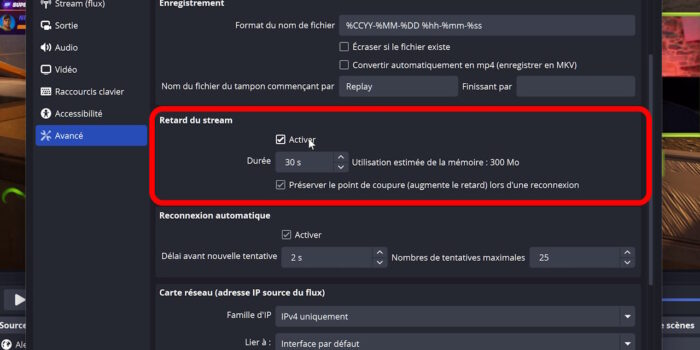 obs menu avancé option retard de stream