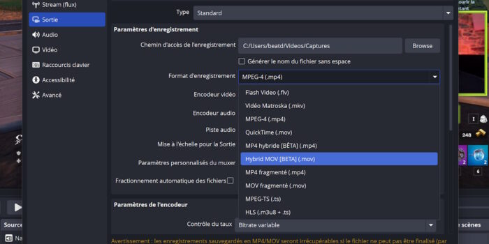 obs paramètres sortie format mov hybride