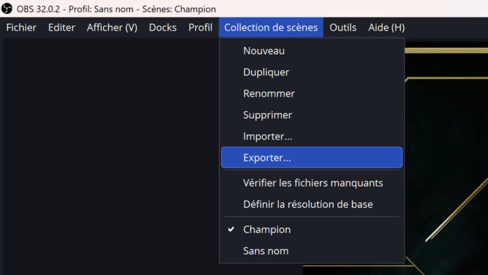 obs studio menu collection de scènes option exporter