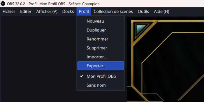 obs studio menu profil option exporter