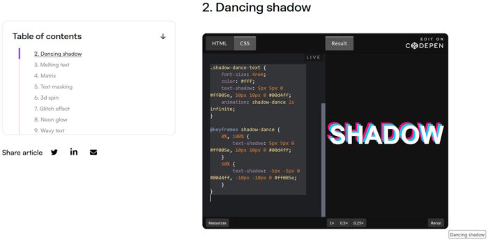 exemple de code css d'un texte animé avec des ombres