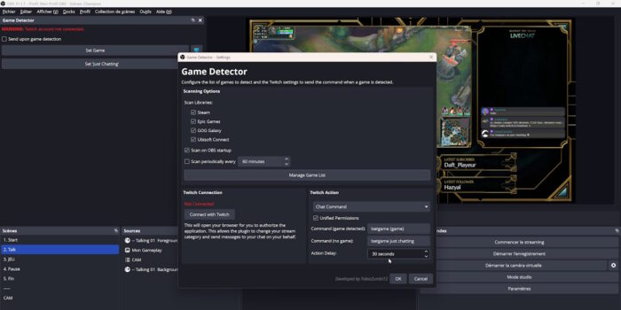 obs plugin game detector interface générale propriétés