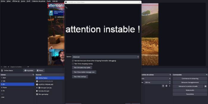 obs plugin online status interface de test du message d'alerte