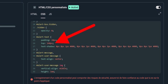 streamlabs alertes css alert-text ajout attribut top