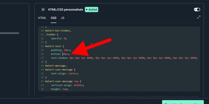 streamlabs alertes css alert-text correction avec attribut bottom