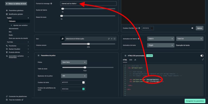 streamlabs alertes css variable messagetemplate