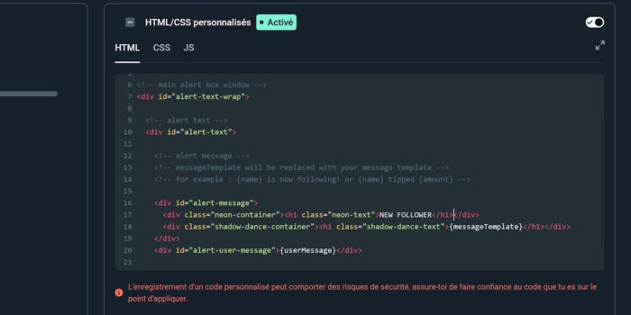 streamlabs alertes html deuxième animation
