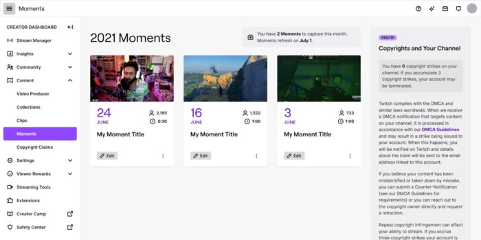 twitch moments menu et interface de base