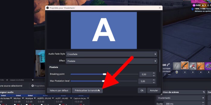 obs 32.1 position du bouton pour prévisualiser une transition