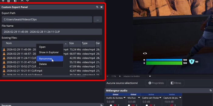 obs plugin custom export path panel and name aperçu du dock