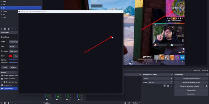 obs plugin instant highlight source draw exemple avec une flèche rouge
