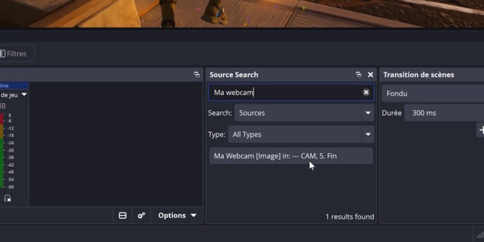 obs plugin source search dock en utilisation