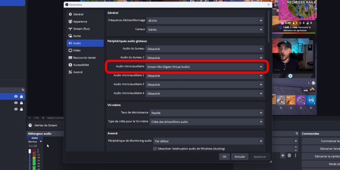 obs studio menu audio ajout du stream mix