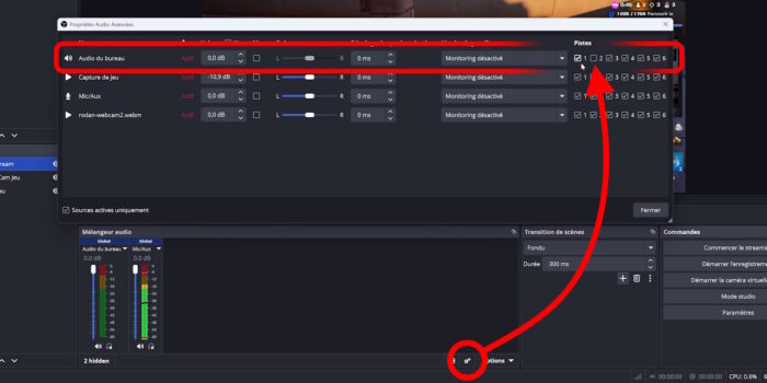 obs studio propriétés audio avancées enlever la piste 2 pour la musique
