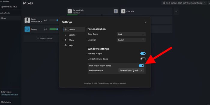 wave link verrouillage du périphérique de sortie par défaut