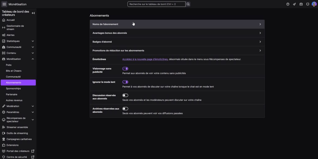 twitch options affilié 2026 monétisation abonnements accueil