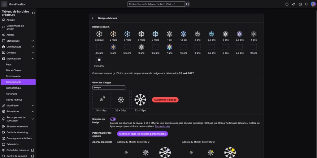 twitch options affilié 2026 monétisation abonnements badges