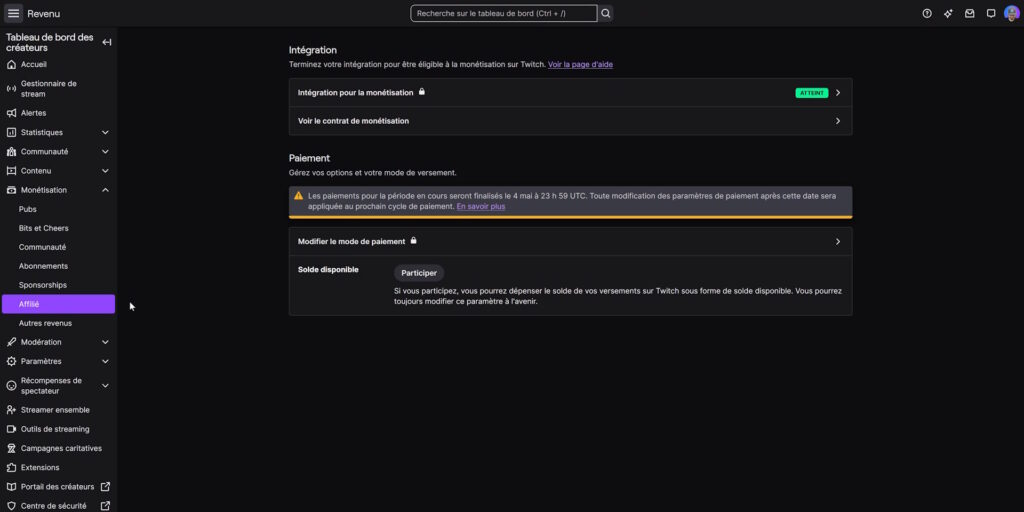 twitch options affilié 2026 monétisation affilié