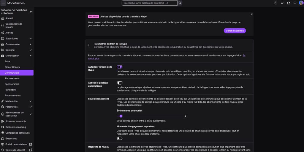 twitch options affilié 2026 monétisation communauté train de la hype