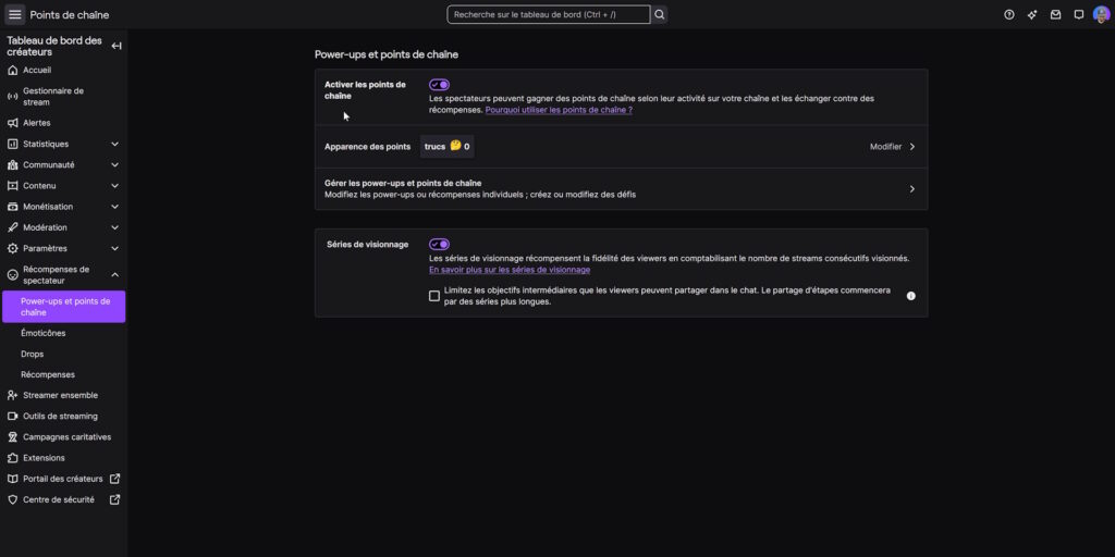 twitch options affilié 2026 récompenses de spectateur power ups et points de chaîne accueil
