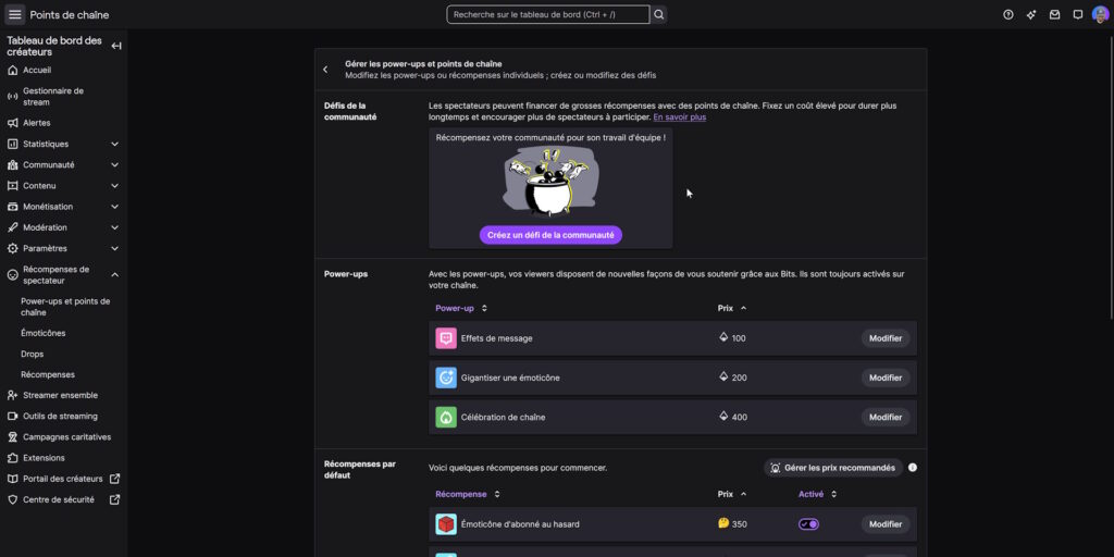 twitch options affilié 2026 récompenses de spectateur power ups et points de chaîne réglages